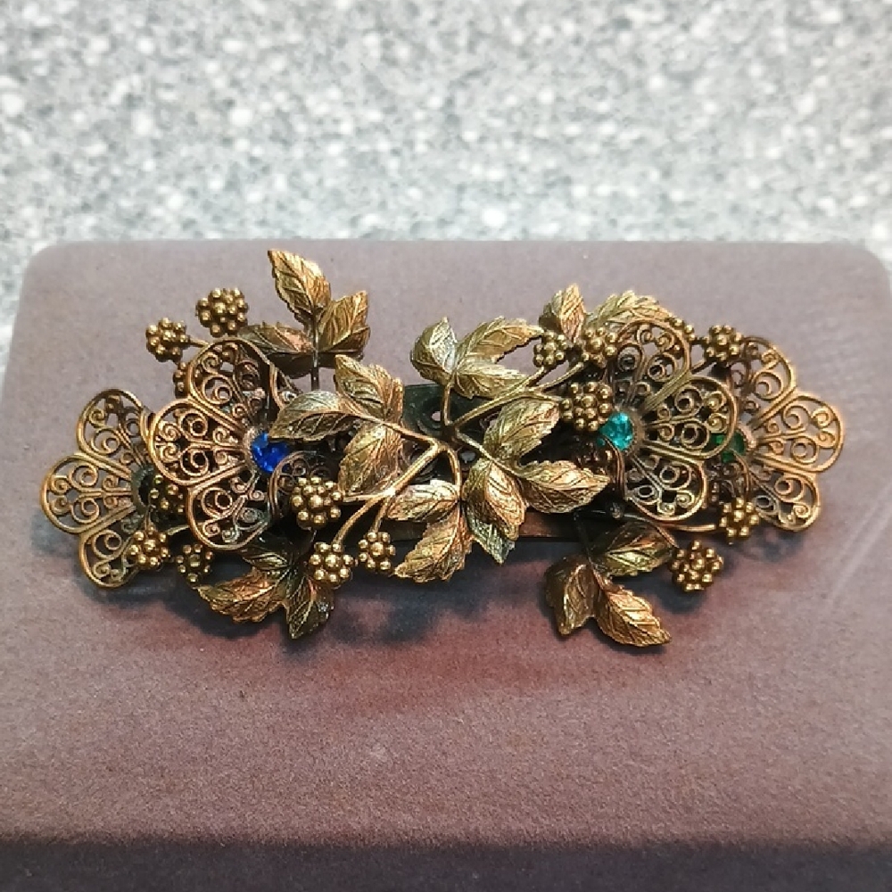 Ornate Gold Leaf Hair Clip with Blue Accents
